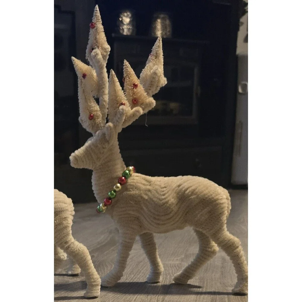 3~ Pottery Barn Chenille Reindeer Christmas bottle brush trees on Antlers